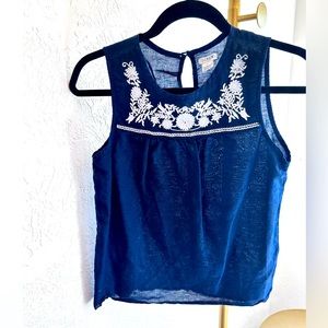 Jcrew Embroidered navy linen tank